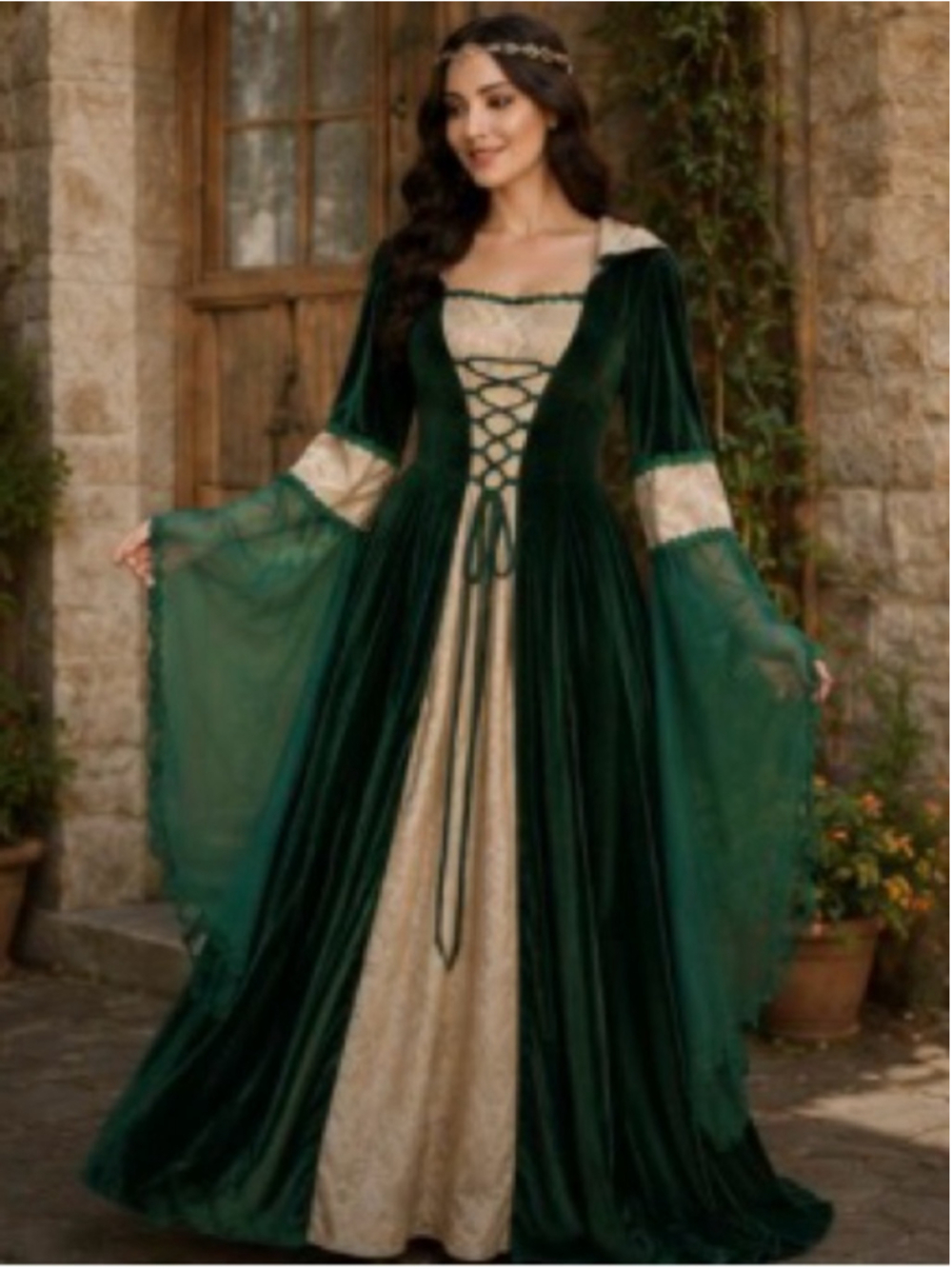 Renaissance Medieval Hooded Gown. Emerald Green Velvet Lace-Up Dress XL NWOT